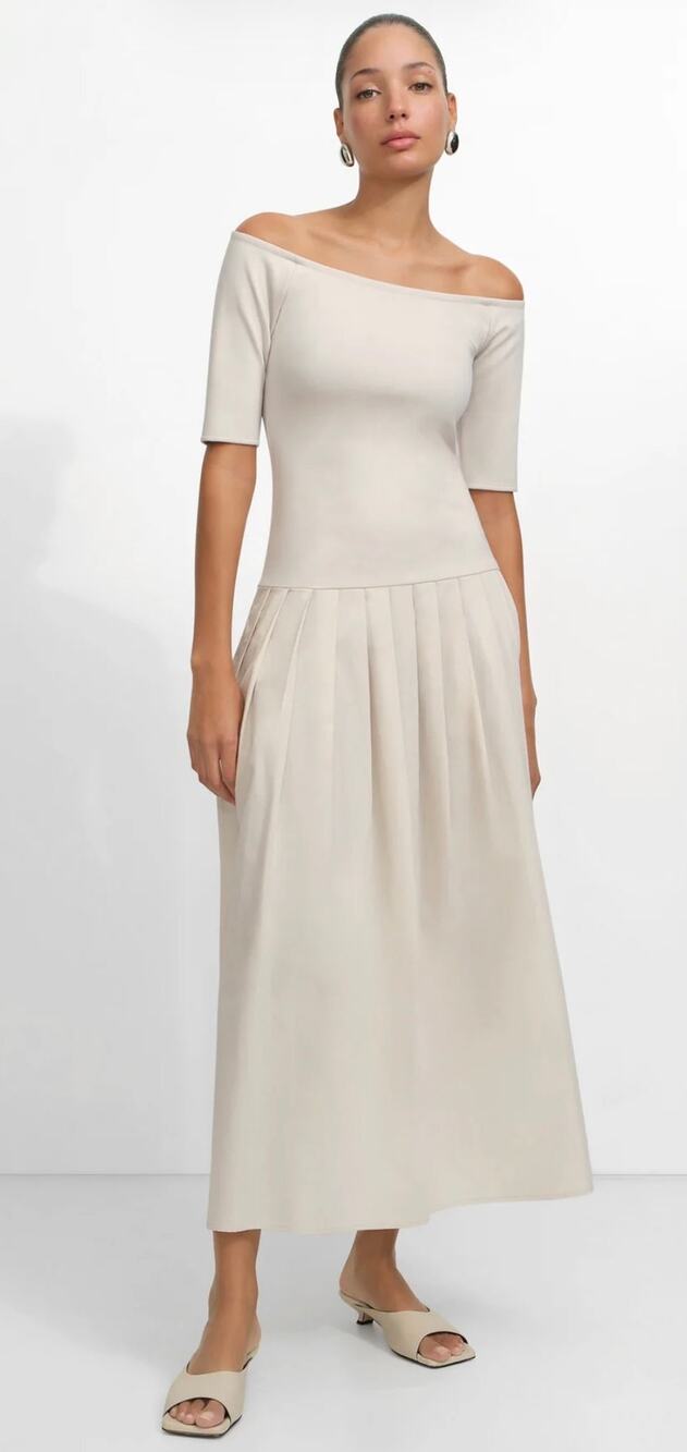 Marcella Mila Pleated Drop Waist Midi Dress in Off- White Pockets Size Large